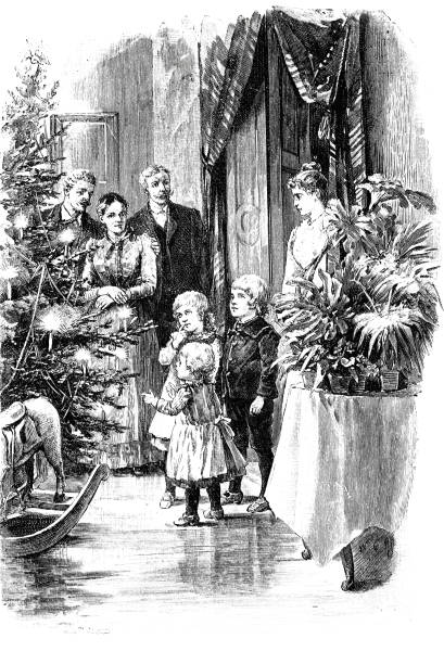 ilustraciones, imágenes clip art, dibujos animados e iconos de stock de los niños ven el árbol de navidad iluminado y los regalos - 5548