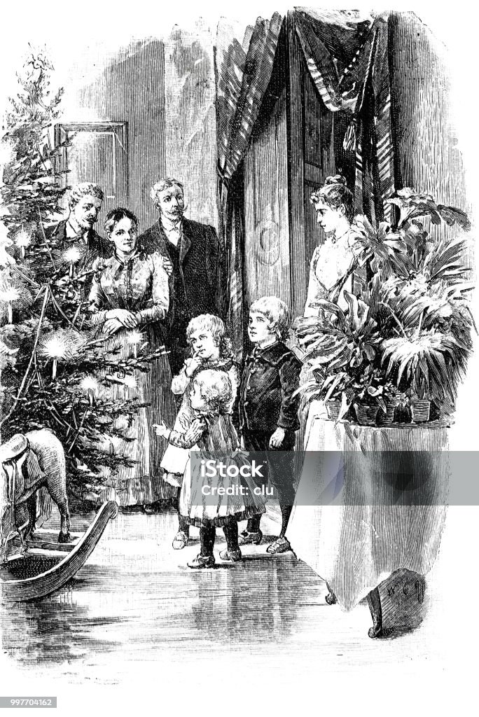 Children see the illuminated Christmas tree and the gifts Illustration from 19th century Christmas stock illustration