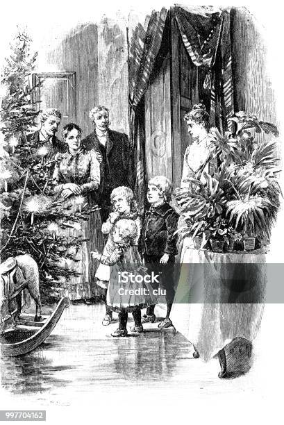 Children See The Illuminated Christmas Tree And The Gifts Stock Illustration - Download Image Now