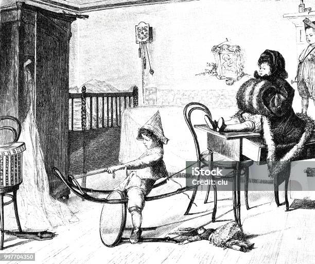 Children In The Living Room Playing Stagecoach Stock Illustration - Download Image Now - 1890-1899, 19th Century, 19th Century Style