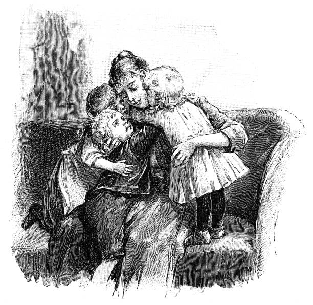 illustrazioni stock, clip art, cartoni animati e icone di tendenza di i bambini abbracciano la madre sul divano - 5547
