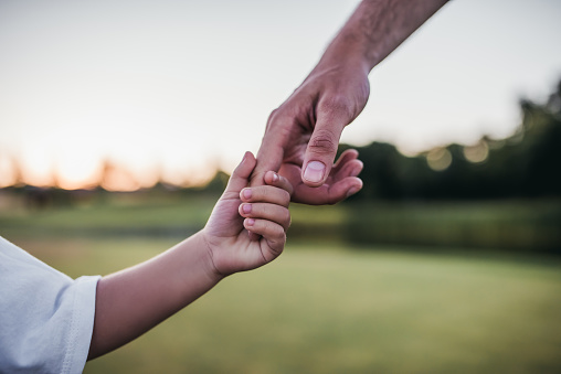 Close-up of dad and son taking hands of each other on a green field.