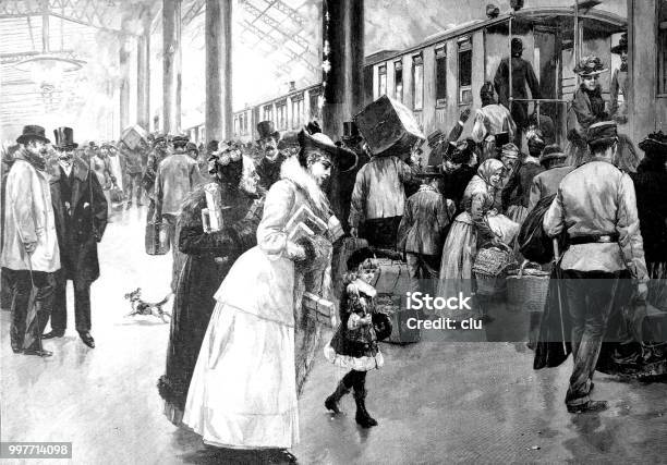 Christmas Hustle And Bustle At The Station Stock Illustration - Download Image Now - Christmas, Old-fashioned, Rail Transportation