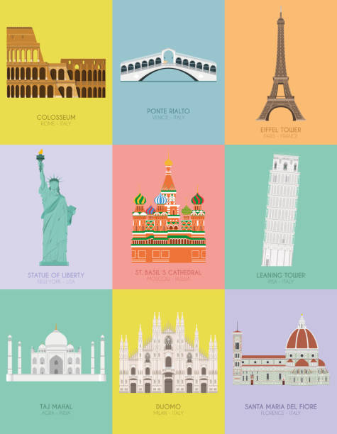 Modern design poster with colorful background of nine important monuments of the world Vector illustration Modern design poster with colorful background of nine important monuments of the world Vector illustration taj mahal vector stock illustrations