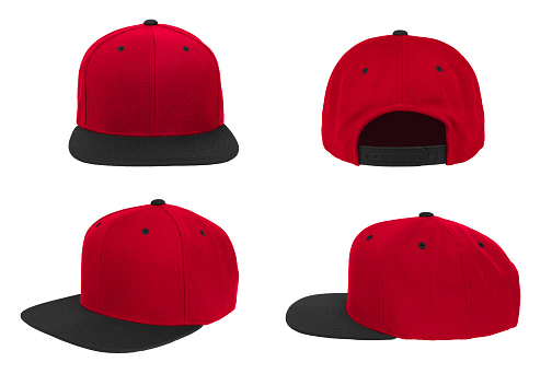 Blank baseball snap back cap two tone color red/black on white background