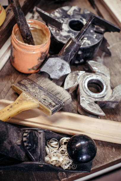 istock Closeup of carpentry tools in carpentry workshop. 997737840