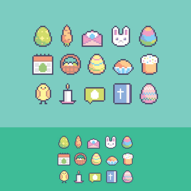 Pixel art cute easter vector icons set. Pixel art cute easter vector icons set. easter cake stock illustrations