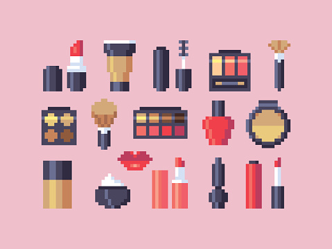 Pixel Art Makeup Cosmetics Vector Icons Set Stock Illustration - Download Image Now - Pixel Art, Make-Up, Pixelated -