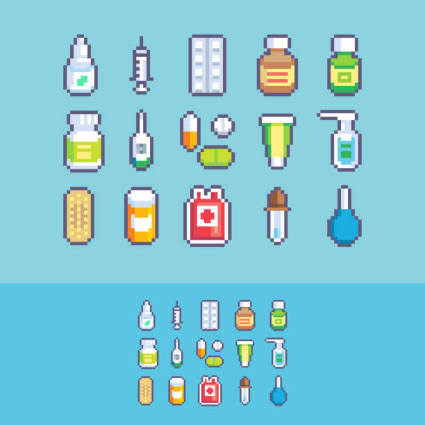 ilustrações, clipart, desenhos animados e ícones de pixel art medicação vetor de saúde conjunto de ícones. - symbol healthcare and medicine prescription icon set