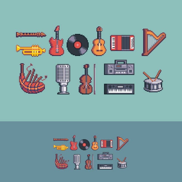 ilustrações, clipart, desenhos animados e ícones de pixel art estilo retro music instrumentos set vector. - trumpet jazz music musical instrument