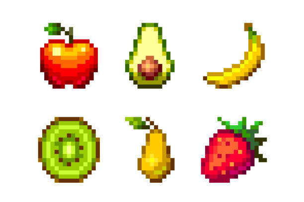 pixel-kunst-vektor-früchte set 16 x 16 isolierten auf weißen hintergrund. - symbol vegetable food computer icon stock-grafiken, -clipart, -cartoons und -symbole