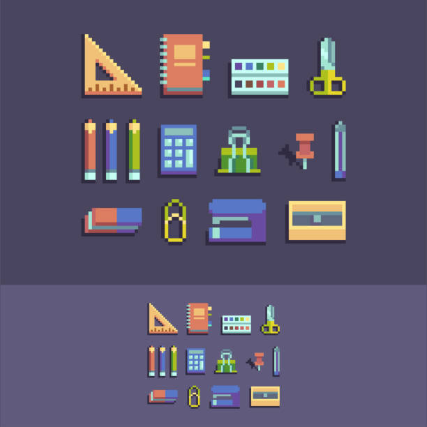 ilustraciones, imágenes clip art, dibujos animados e iconos de stock de fuentes de la escuela de vector pixel arte de 8 bits. - paper clip clip vector illustration and painting