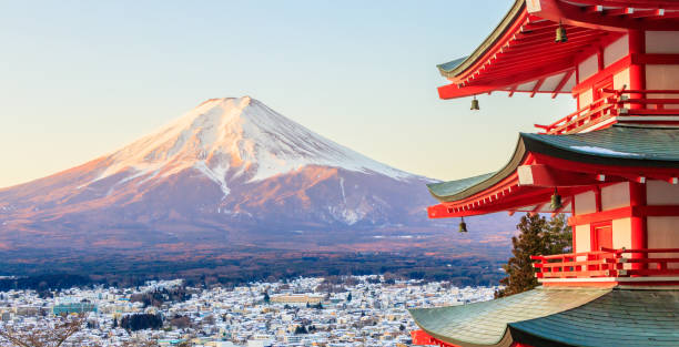 Landmark of japan Chureito Pagoda and Mt. Fuji in Fujiyoshida, Japan stock photo