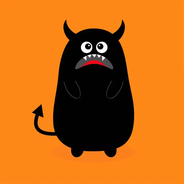 Vector illustration of Monster black silhouette. Sad emotion. Fang tooth. Open mouth. Eyes, teeth, tongue, hands, tail, horns. Funny Cute cartoon baby character. Happy Halloween Flat design Orange background Isolated