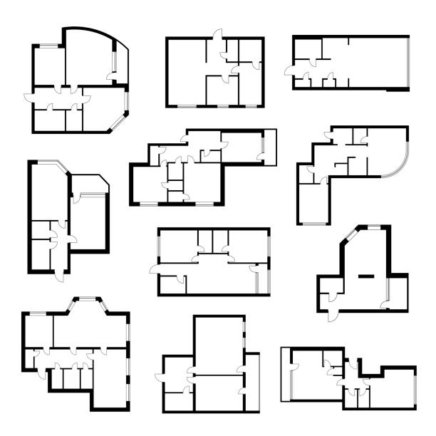 Apartment plan set Apartment plan set. Architect scale diagram of rooms viewed from above, relationships between spaces in building. Vector illustration bed furniture designs stock illustrations