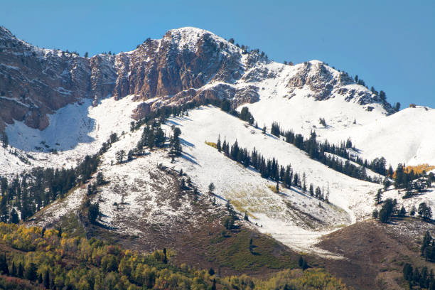 Ogden mountains with snow during the fall Wasatch mountain range near ogden utah with snow capped peaks near ski resort with fall leaves on trees ogden utah photos stock pictures, royalty-free photos & images