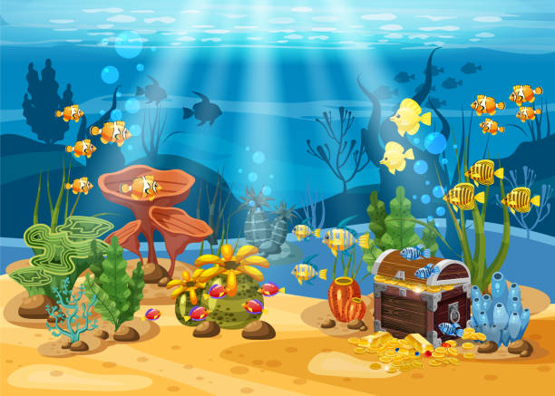 unterwasser schatz, brust an der unterseite des ozeans, gold, schmuck auf dem meeresboden. unterwasserlandschaft, korallen, algen, tropische fische, vektor, cartoon-stil, isoliert - golden algae stock-grafiken, -clipart, -cartoons und -symbole