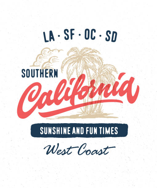 Hand lettered southern California apparel t shirt fashion design, summer beach palm tree tee graphic, typographic art, ink drawing vector illustration, Golden state west coast travel souvenir