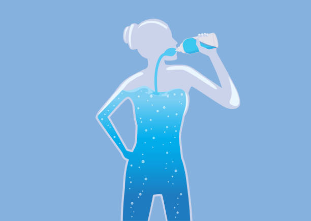 Woman with a glass body drinking pure water into her body. Woman with a glass body drinking pure water into her body. Illustration about healthy lifestyle concept. thirst quenching stock illustrations