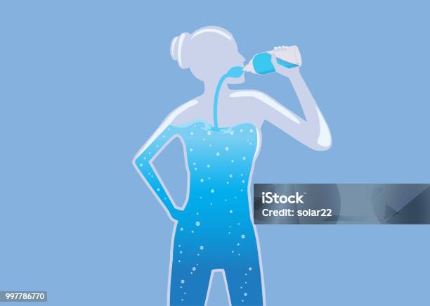 Woman With A Glass Body Drinking Pure Water Into Her Body Stock Illustration - Download Image Now