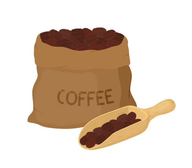 illustrazioni stock, clip art, cartoni animati e icone di tendenza di borsa da caffè vettoriale in tela con scoop, confezione - sailcloth
