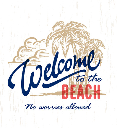 'Welcome to the beach' Vintage hand drawn sign with palm trees ink drawing. Handmade typographic summer art. Exotic tropical coastal decor. Sea shore vector illustration for print or poster.