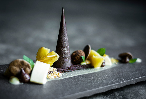 gourmet modern creative chocolate cake and dried fruit dessert dish on slate