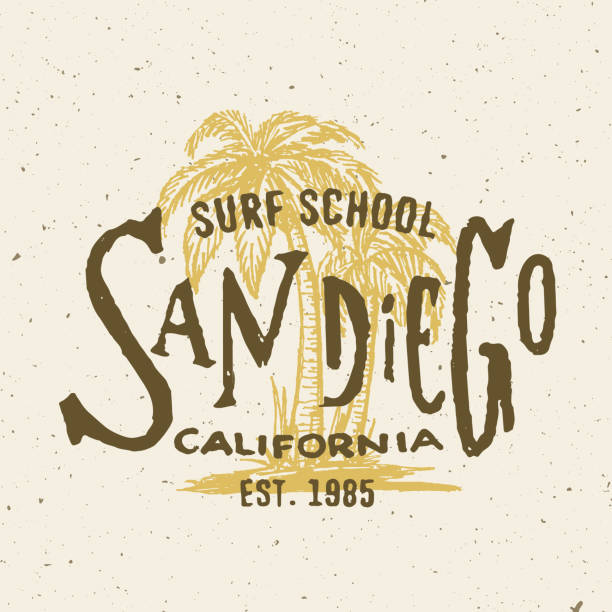 illustrazioni stock, clip art, cartoni animati e icone di tendenza di grafica della t-shirt della san diego california surf school. - label travel san diego california california