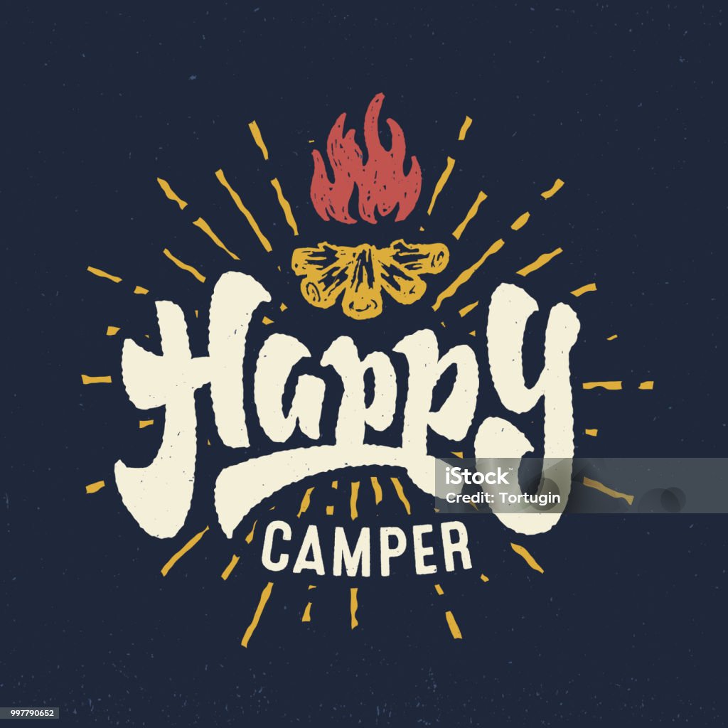 'Happy Camper' vintage hand crafted lettering badge 'Happy Camper' vintage Hand lettered badge phrase. Handmade Typographic lettering Art for Poster Print Greeting Card T shirt apparel design, hand crafted vector illustration Camping stock vector