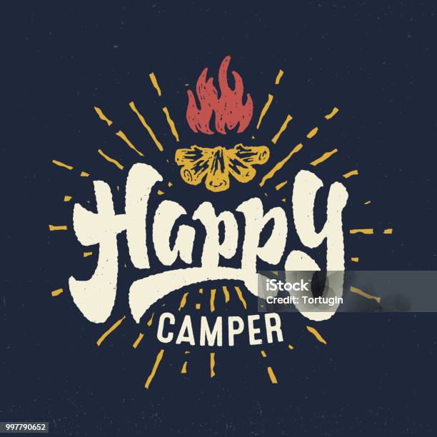 Happy Camper Vintage Hand Crafted Lettering Badge Stock Illustration - Download Image Now