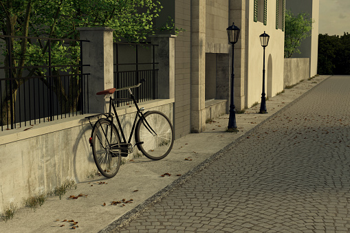 3d rendering of old town street with leaning bicycle and showcase with lighten lantern in the evening sunshine