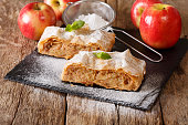 Traditional piece of apple strudel with powdered sugar and mint closeup. horizontal