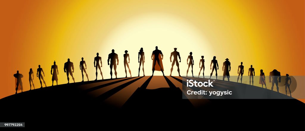Vector League of Superheroes Silhouette A vector silhouette style illustration of an army of superheroes. Wide space available for your copy. Perfect for website header. Superhero stock vector