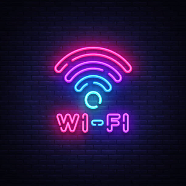 wifi ネオンサインをベクトルします。wifi のネオンの輝く文字輝く、光のバナー、ネオン テキスト シンボルです。ベクトルの図。ビルボード - wifi zone点のイラスト素材／クリップアート素材／マンガ素材／アイコン素材