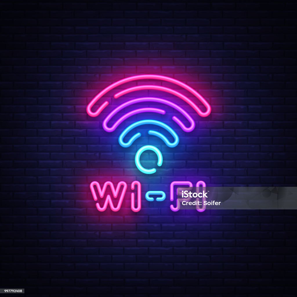 Wifi 네온 사인 벡터. Wifi 기호 네온 빛나는 편지 빛나고, 빛 배너, 네온 텍스트. 벡터 일러스트입니다. 빌보드 - 로열티 프리 무선 기술 벡터 아트