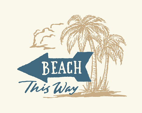 Vintage hand drawn beach sign with arrow and palm trees ink drawing. Handmade typographic summer art. Exotic tropical coastal decor. Sea shore vector illustration for print or poster. Left version.