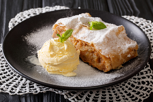 Apple strudel with vanilla ice cream on a plate close-up. Horizontal