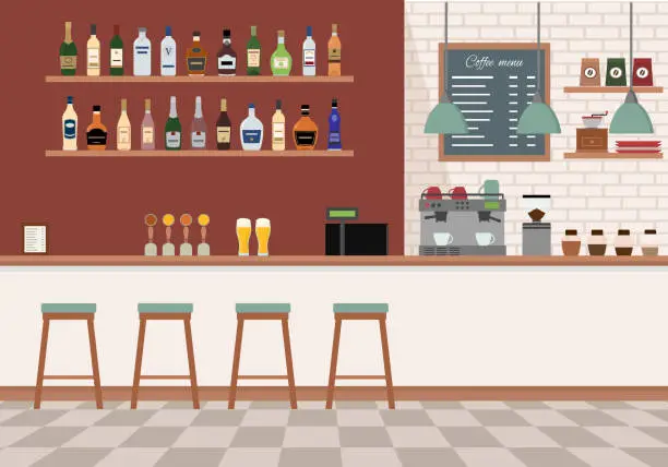 Vector illustration of Empty bar interior. Pub with counter, chairs and equipment.