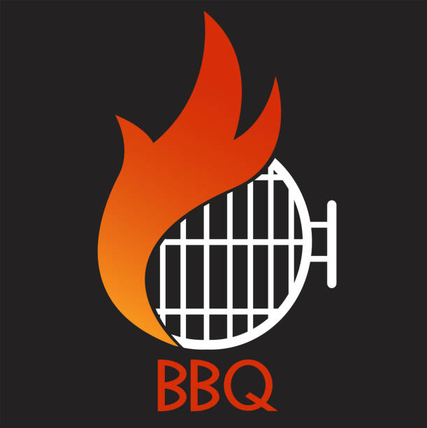 BBQ grill fire logo BBQ grill on black background vector graphic bbq logos stock illustrations