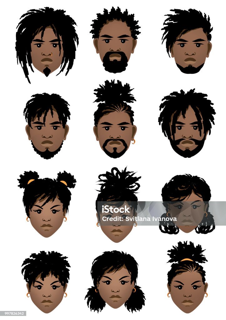 Set Of Faces Of Black Men And Girl With Dreadlocks And Different Hairstyles  Stock Illustration - Download Image Now - iStock