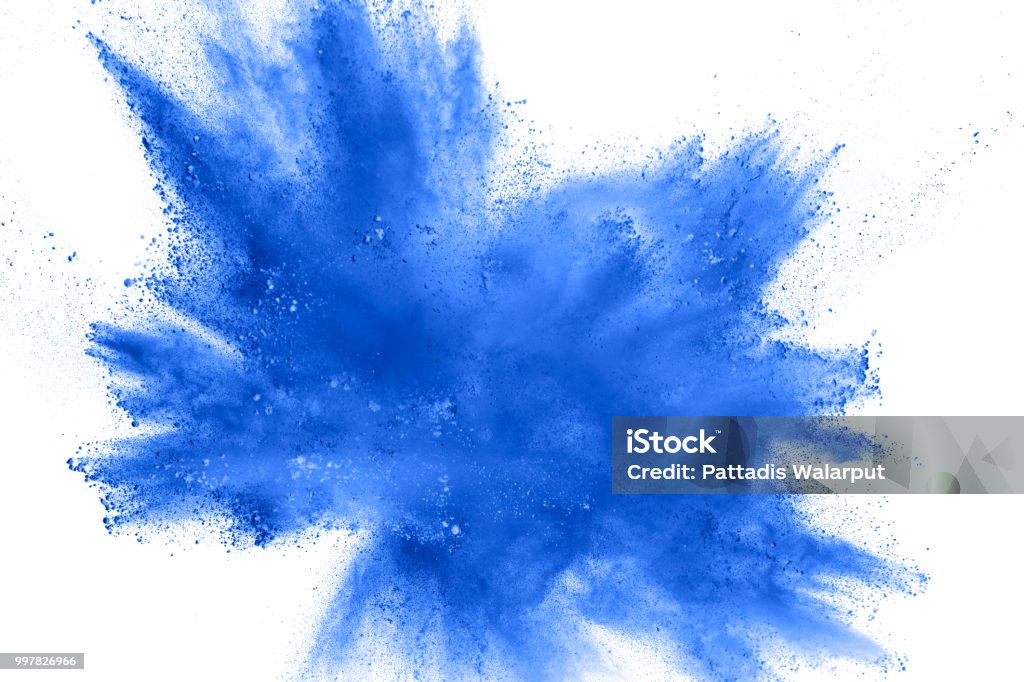 abstract explosion of blue dust on white background. Abstract blue powder splatter on clear  background. Freeze motion of blue powder splashing. Blue Stock Photo