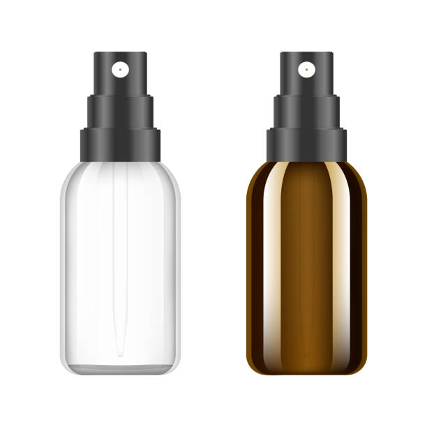 istock Realistic brown and white bottle. Mock up of cosmetic spray jar. Cosmetic vial, flask, perfume flacon. Medical bottle with design label. Vector illustration set. 997834980