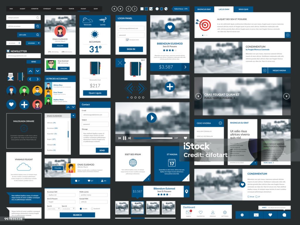 Clean & modern graphical user interface set. Clean & modern graphical user interface set. Internet UI mega collection elements. Push button, internet banner, calendar, menu, picture frame, media player, button, check box,radio button, web forms Graphical User Interface stock vector