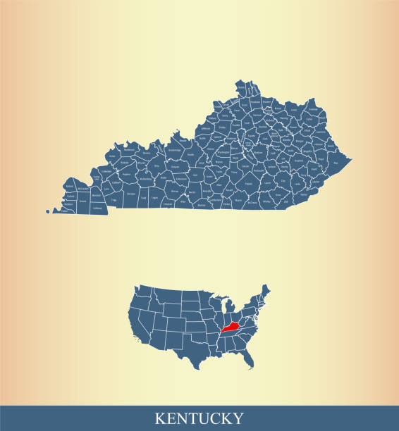 illustrations, cliparts, dessins animés et icônes de kentucky comté carte vectorielle contour avec les noms de comtés étiquetés et usa carte en fond bleu - virginie état des états unis