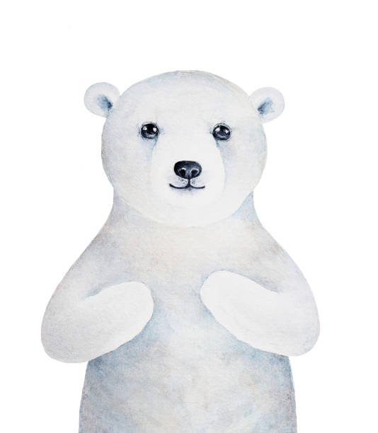 Little polar bear character. Hand drawn water color graphic painting on white background. Symbol of peace, gentleness, purity, tenderness. For design, decoration, prints, baby shower invitation cards. plush bear stock illustrations