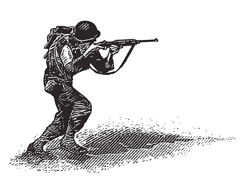 Engraving illustration of a World War II Combat Soldier attacking