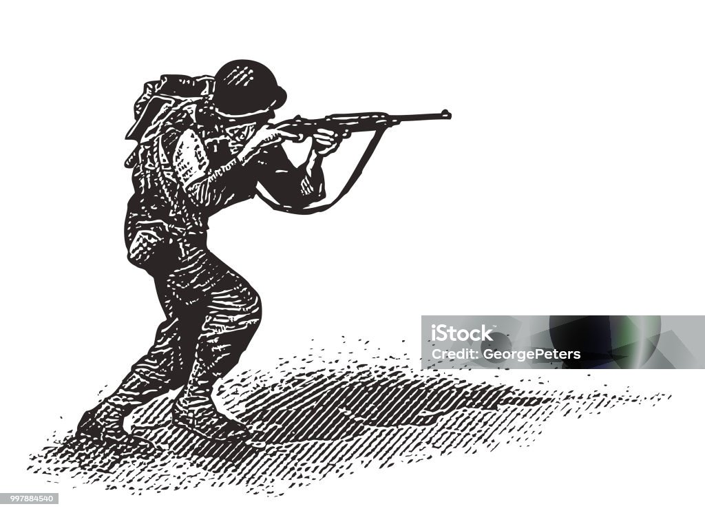 World War II Combat Soldier on D-Day Engraving illustration of a World War II Combat Soldier attacking Retro Style stock vector