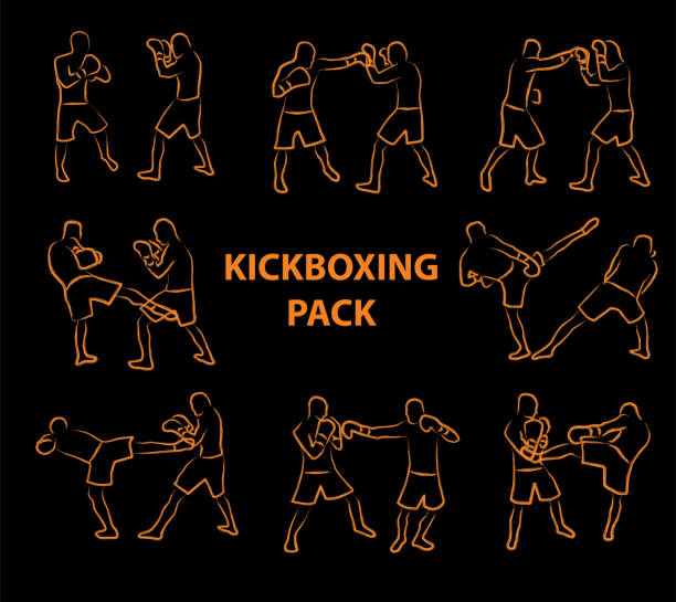 ilustrações de stock, clip art, desenhos animados e ícones de two kickboxing fighters fighting cartoon style - karate kickboxing martial arts silhouette