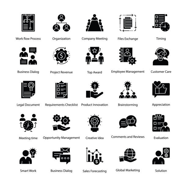Business Management Glyph Icons Set A glyph icons set of business management with all related icons. A wide range including financial aspects, market related strategies and other business related elements are part of this pack which makes it worth grabbing. project manager stock illustrations