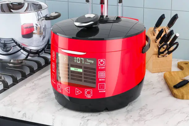 Automatic Multicooker on the kitchen table. 3D rendering